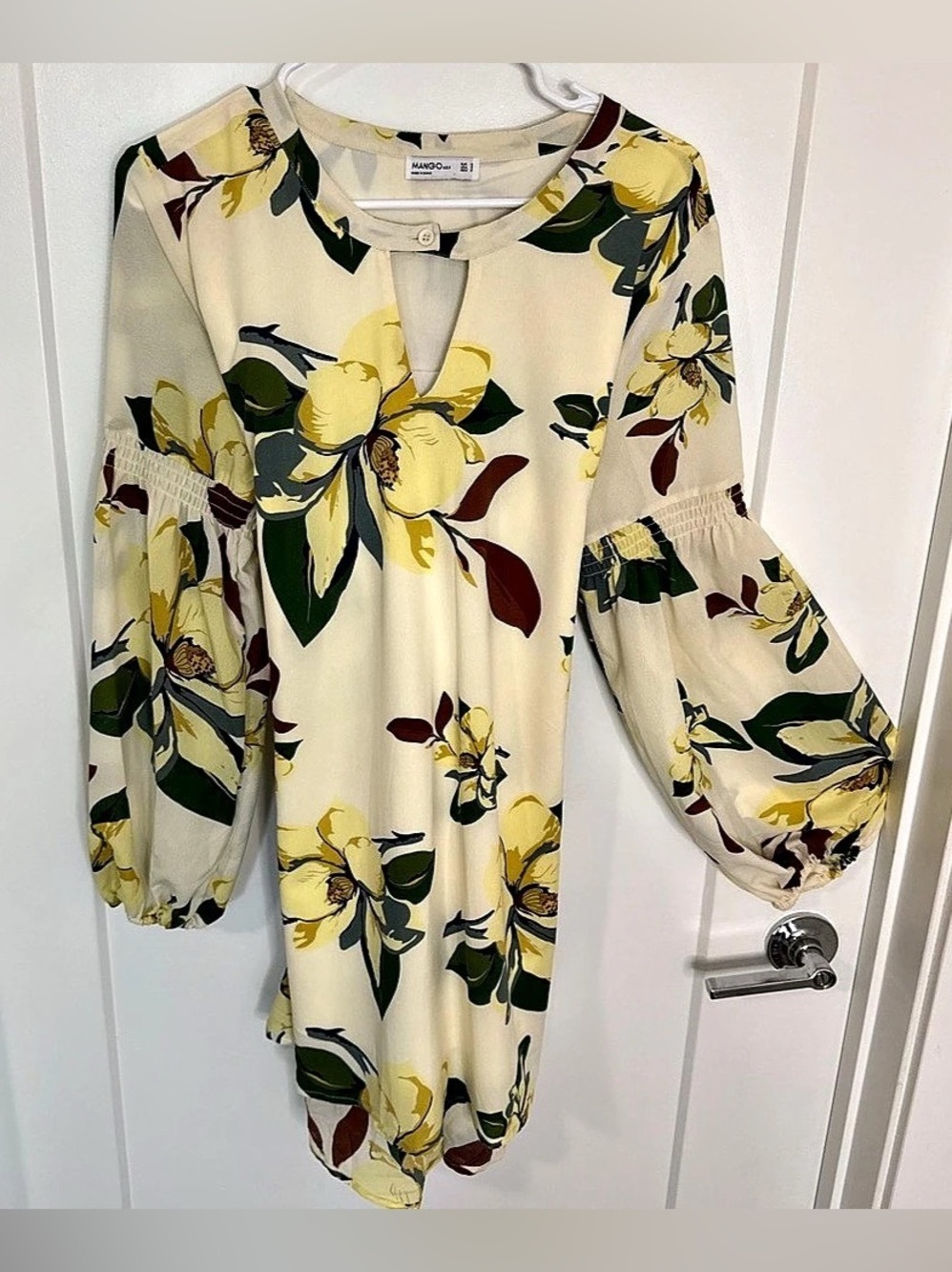Mango Floral Mini Dress in Cream & Green Size S - Picture 3 of 5